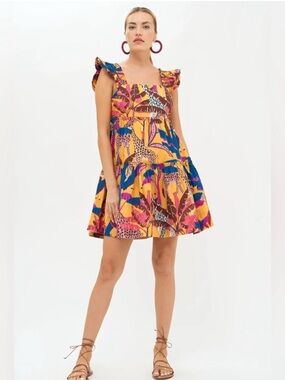 Oliphant Smocked Square Neck Mini Dress in Kruger Saffron Giraffe Print,